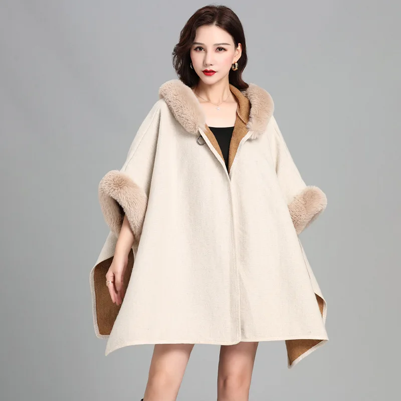 

Autumn and Winter Europe and America Poncho Women Hooded Cloak Knitted Cardigan Imitation of Otter Rabbit Loose and Comfortable