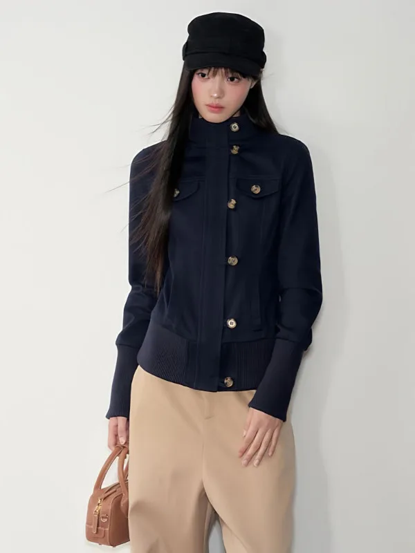 

2025 New Original Korean Style Retro Slim Fit Zipper Buttoned Half High Collar Short Jacket Women's Top Casual Fashion Slimming