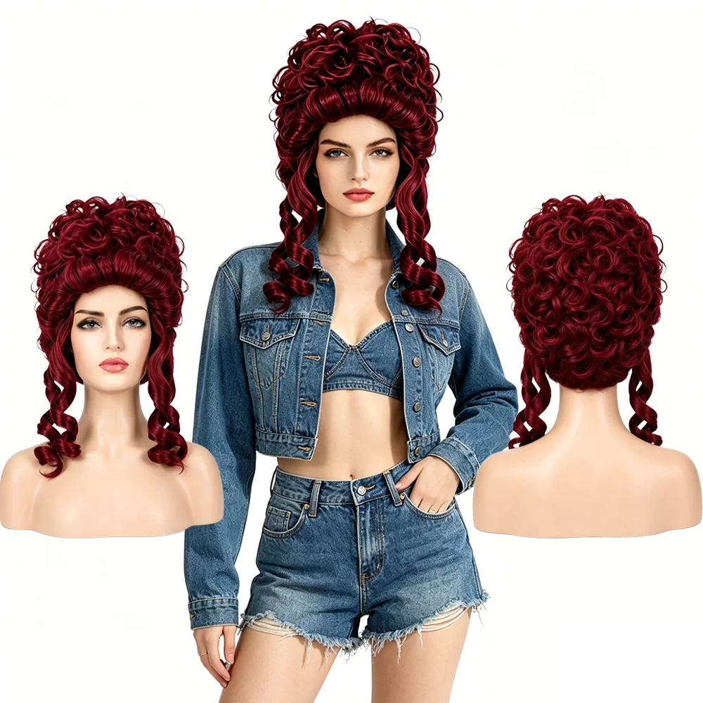 

Baroque Rococo Queen Wig Burgundy Elevated Crown Curly Victorian Wig For Historical Renaissance Costume Vintage Themed Party