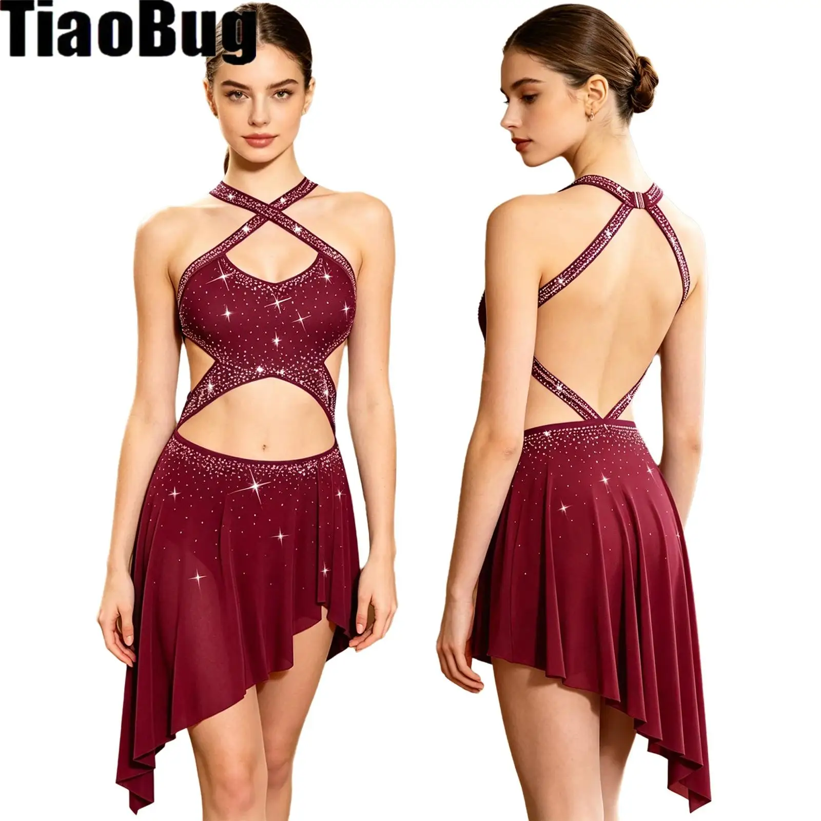 

Women Lyrical Dance Dress Rhinestones Crossing Straps Sleeveless Backless Irregular Mesh Hem Built-in Briefs Bodysuit Dress