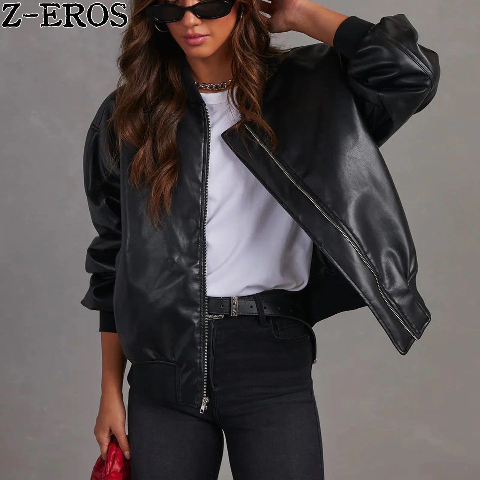 Z-EROS Pu Leather Jacket Solid Color Women\'s Long Sleeved Zipper Loose Autumn Fashion Versatile Street Women\'s Short Coat Pocket