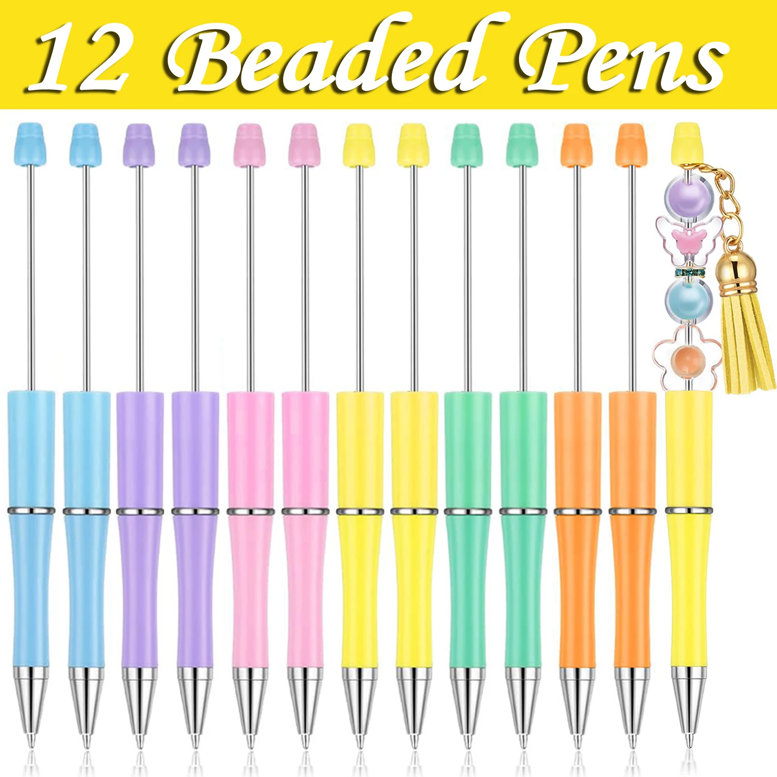 

12Pcs Plastic Beadable Pens Black Ink Bead Pens for DIY Making Pens Beaded Pens