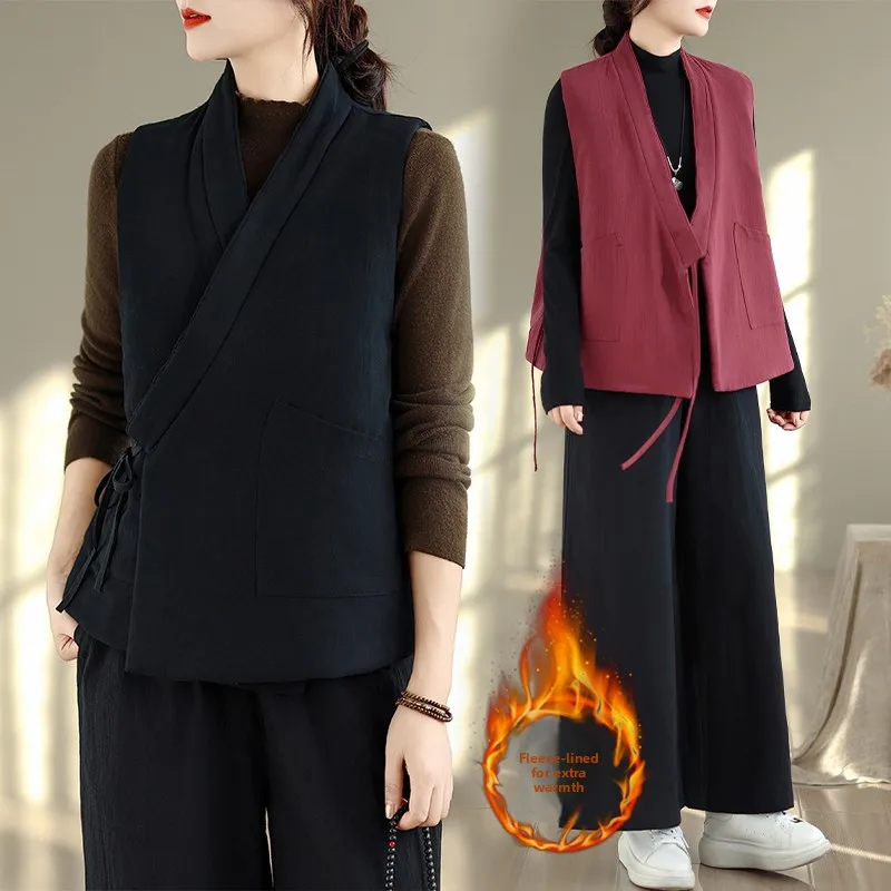 

Thiened хлопковый льняной жилет женский осенне-зимний теплый жилет в китайском стиле ретро с поясом наполнитель верхняя одежда