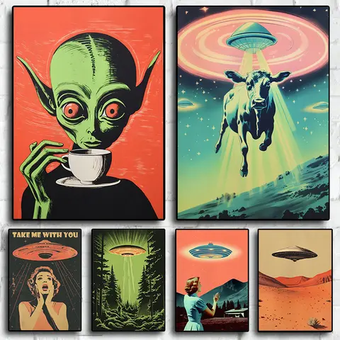 Retro UFO Funny UFO Canvas Painting, Vaca Alienígena, Beber Café, Scifi Poster, Wall Art, Fotos, Casa, Clube, Decoração de Bar, Presente