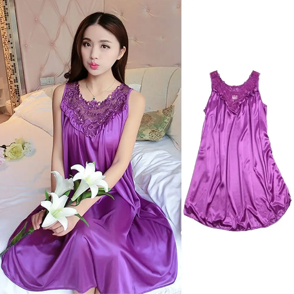 Lady Nightwear Non Shrink Sling Sleepwear Lace Dress Summer Lace Sleeveless Solid Color Homewear