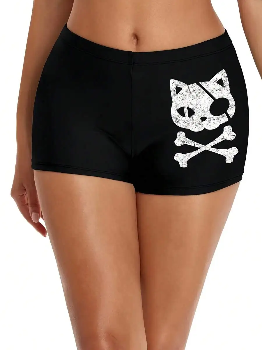 Women'S Swim Shorts Featuring A Vintage Pirate Cat Design With Skull And Crossbones, Made From High-Elastic Quick-Dry Material,