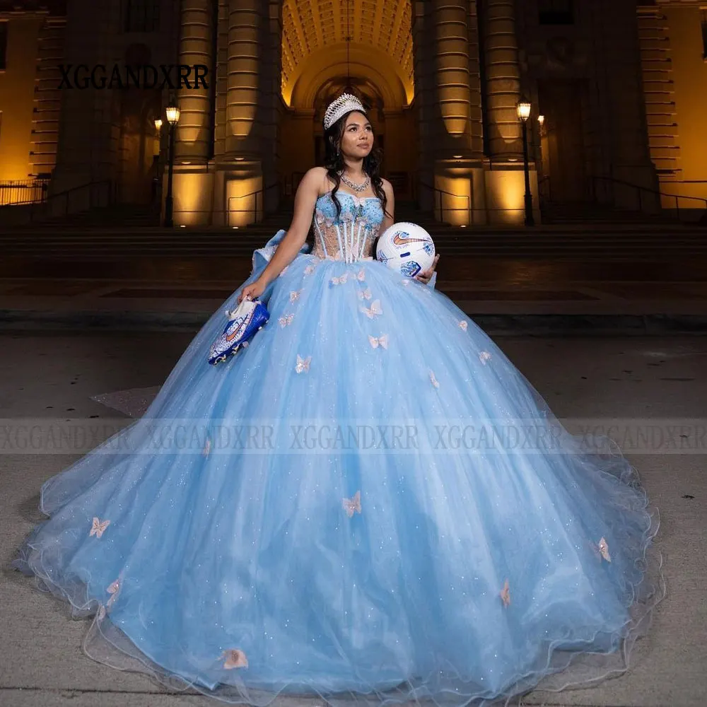 Luxury Bow Ball Gown Quinceanera Dress 2024 Butterfly Flower Princess Tulle Vestidos De 15 Años Birthday Party Sweet 16 Dress