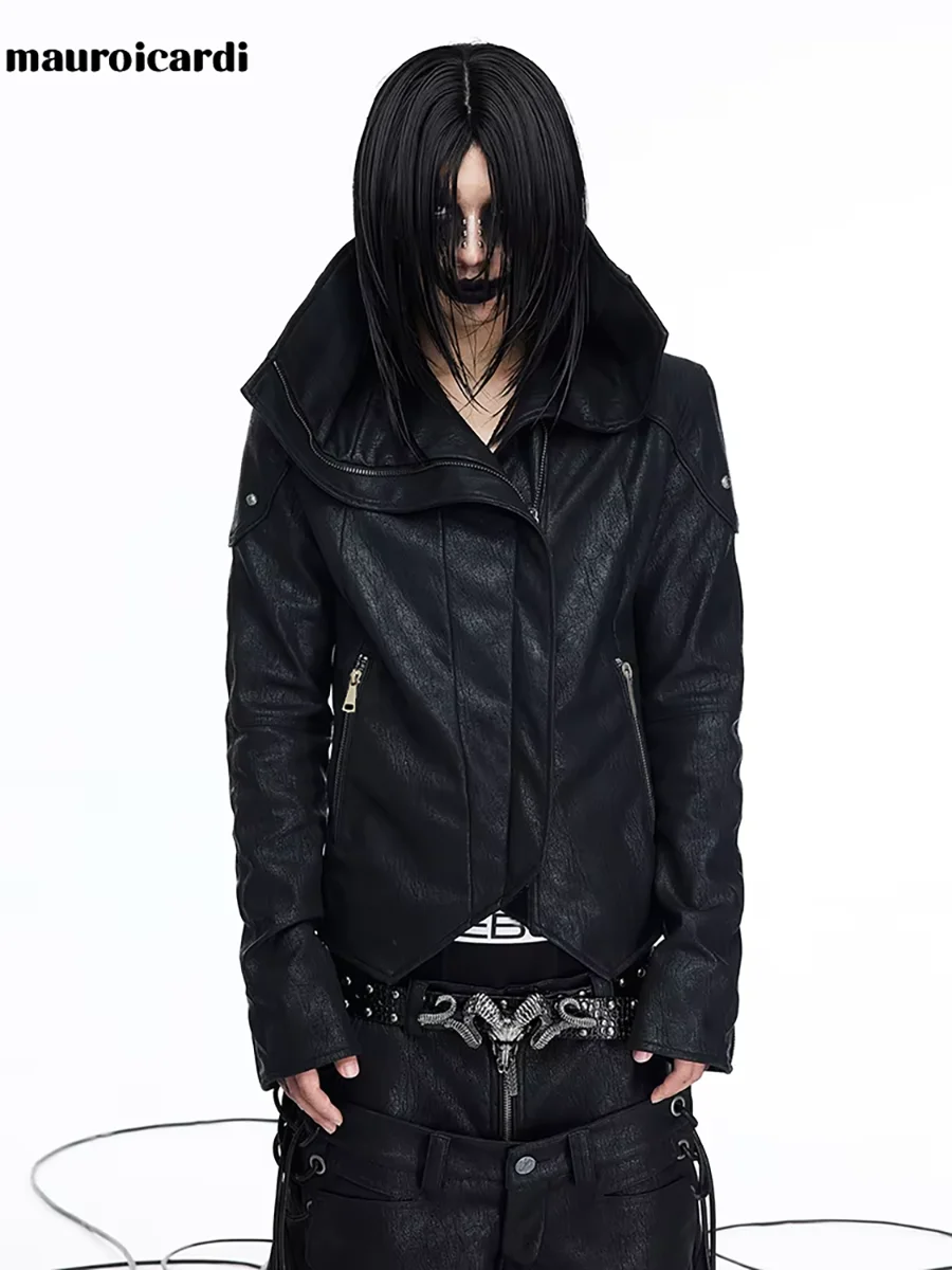 Mauroicardi Frühling Herbst Kurze Schwarze PU-Lederjacke für Herren mit Reißverschluss Dark Academia Vintage Schnürjacke Streetwear Mode 2026