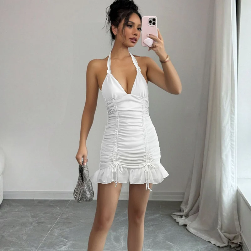 화이트 교수형 목 깊은 V 넥 드레스 여성 여름 Drawstring Ruffles Bodycon Dress 여성 민소매 백리스 파티 드레스