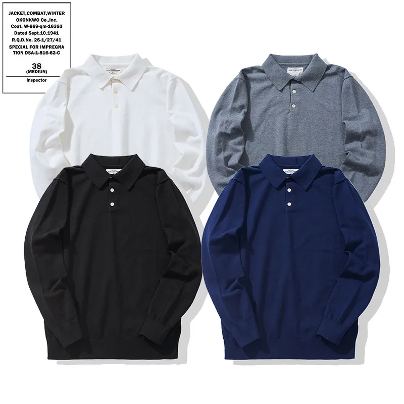 

High Quality Men Spring and Autumn Solid Color Crewneck Long Sleeve Polo Shirt Turn-Down Collar Male T-Shirt Knitwear Sweater