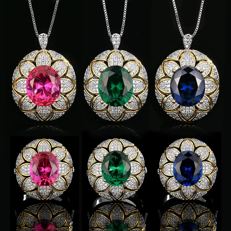 

Adjustable Flower Shaped Jewelry Pink Green Women Vintage Necklace Ring Elegant Oval Gemstones Fashion Jewelry for Party Gift