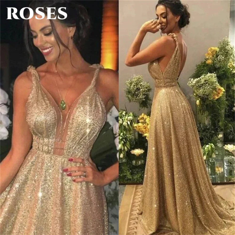 ROSES Champagne Gold A Line Prom Dress Long Formal Sequins Shinny Evening Gowns V Neck Backless Party Dresses 프롬 드레스 Customized