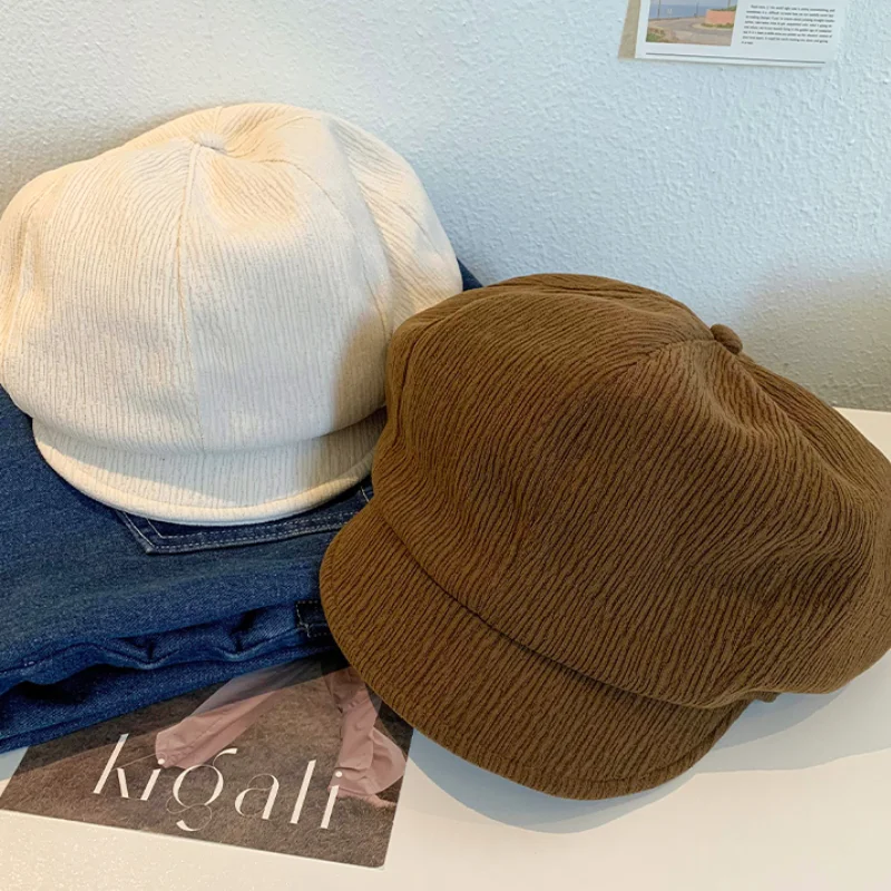 Vintage Maillard Brown Berets Casp for Women Show Face Small Summer Autumn Thin Niche Pleated Texture Versatile Octagonal Hat