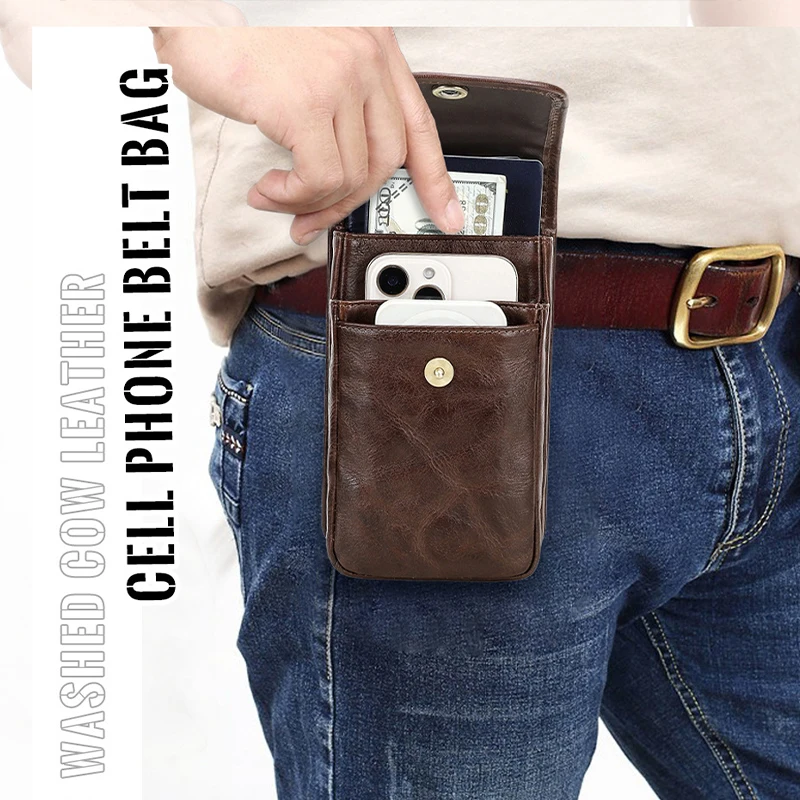 

The first layer of leather texture simple men's sports waist bag fashion flip leather mobile phone waist bag