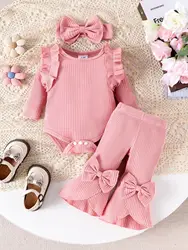 2PCS Autumn New Style Girl Baby Sweet Lovely Lady Pit Strip Pink Long-Sleeved Hat + Bow Trumpet Trousers Set