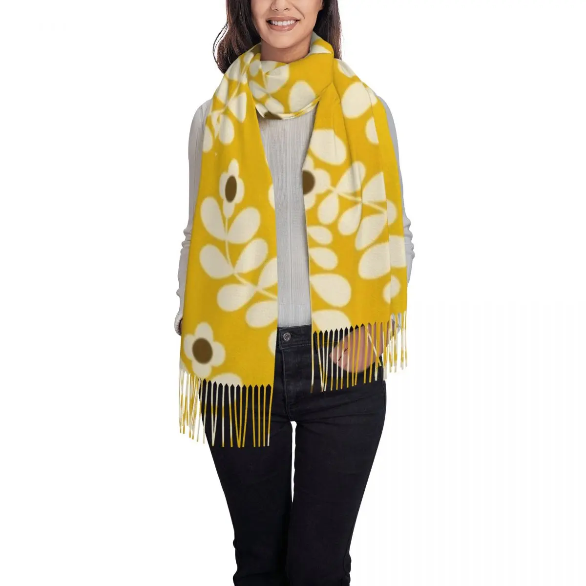 Orla Kiely Abstract Juniper Stem Flowers Scarf Tassel Scarves for Women Soft Warm Shawls and Wraps Long Fall Winter Shawl Wrap