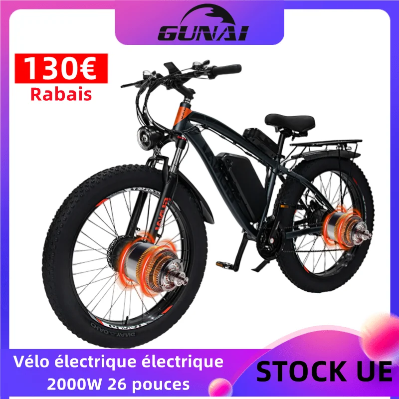 EU STOCK GUNAI 2000W Electric Bicycle Dual Motor 26Inch Off-road Fatbike 48V22AH Battery Headlight Taillight Adult Electric Bike