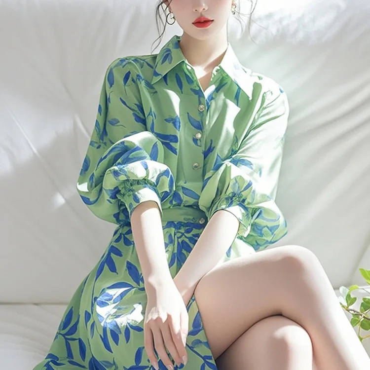 

Green printed shirt dress foreign style beautiful design sense beautiful gentle style skirt