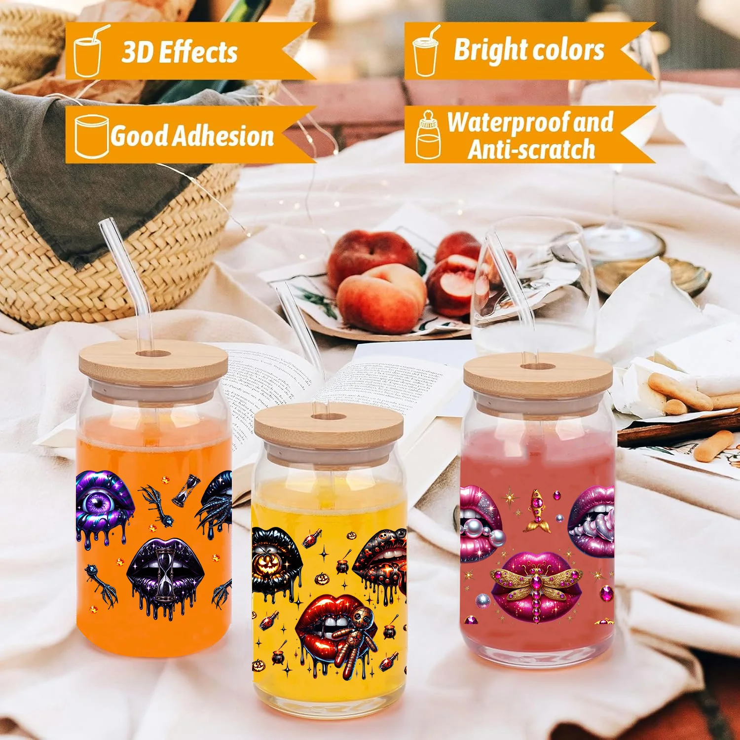 Halloween Vibe lips16oz UV DTF waterproof DIY Decals Retro Beauty 3D transfers uvdtf crystal sticker 16oz uv dtf cup wraps