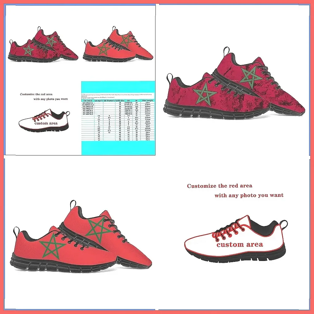 

Custom Moroccan Flag Sneakers, Breathable Unisex Sports Shoes for Adults & Kids