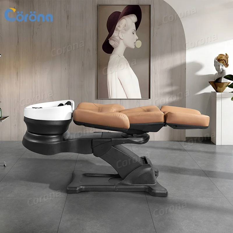 

Luxury Modern Hair Salon Furniture Lay Down Washing Chair Head Spa Massage Shampoo Bed with Ceramic Bowl and Soft Cushion