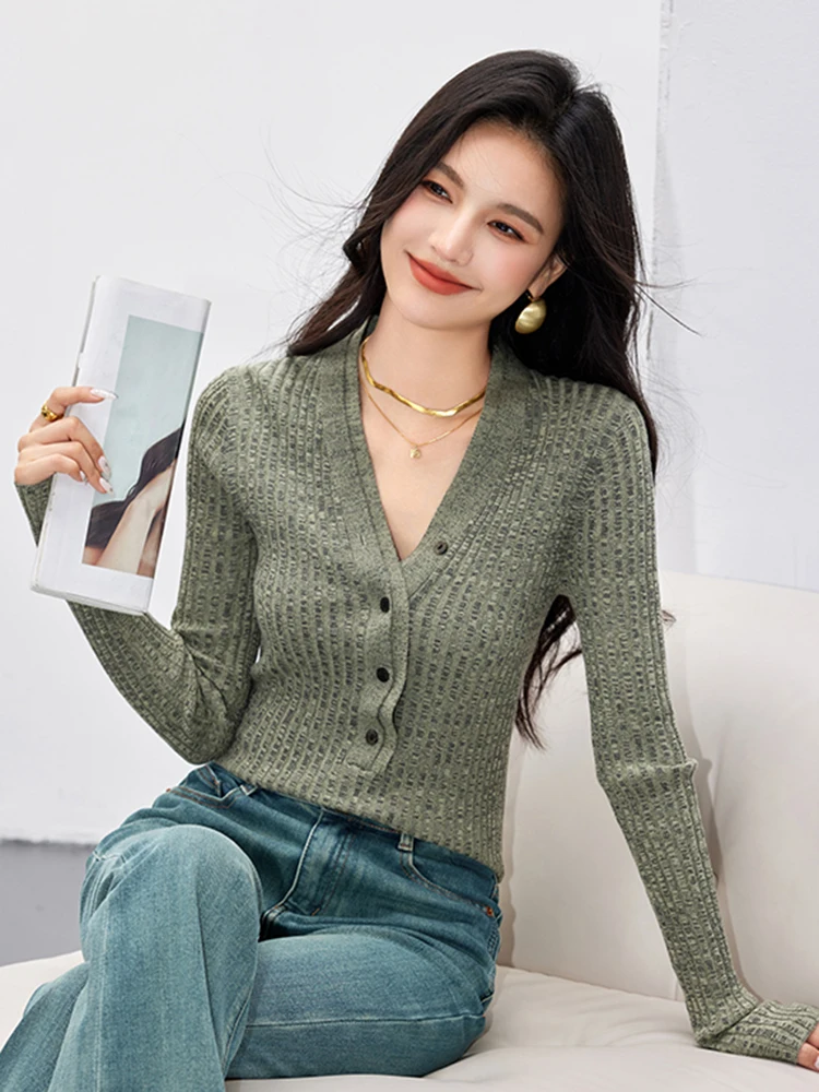 Autumn Winter Women Sweater Knitted Pullovers V-neck Slim Fit Bottoming Tops Solid Color Soft Knitwear Retro Basic Sweaters