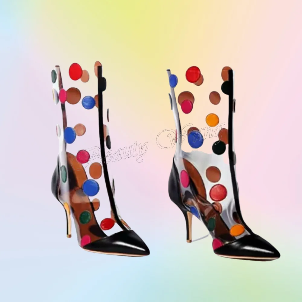 

Black Pointed Toe Clear PVC Boots Round Shape Decor Shoes Stilettos Heel Thin High Heel Shoes for Women 2025 Zapatillas Mujer