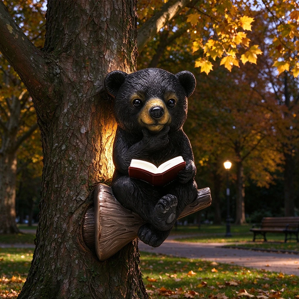 Resin Solar Bear Reading Book Garden Statue Tree Embracer for For outdoor Decor 7.48 x 4.72 Inches Night Feature