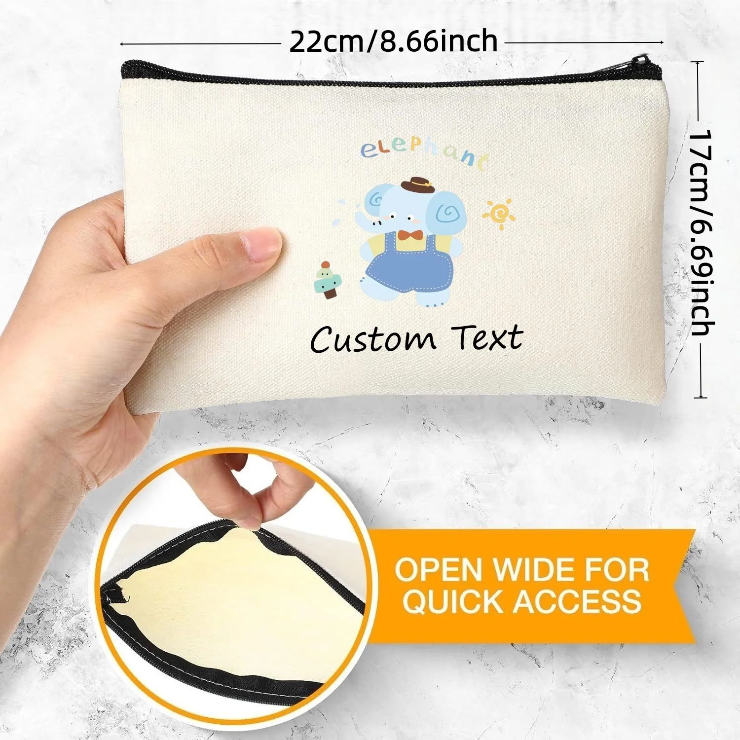 1PC Personalized Canvas Makeup Pouch Custom Text Kawaii Elephant Pattern Portable Cosmetic Stationery Storage Bag