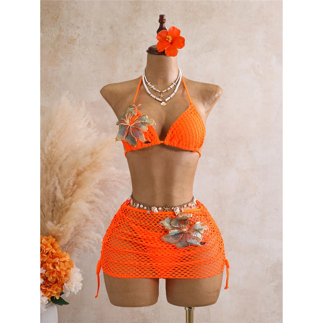 Mit Rock 3D-Blumen-Halter-Bikini Damen-Badebekleidung, dreiteiliges Bikini-Set, gepolsterter Badeanzug, Badebekleidung, Schwimmen V8346 – Detail 19