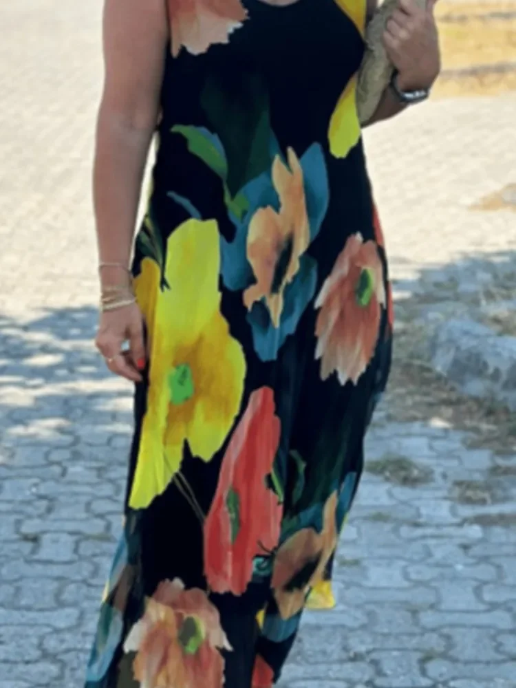 여성을위한 우아한 맥시 드레스 민소매 U 넥 꽃 프린트 느슨한 허리 롱 드레스 여성 캐주얼 패션 숙녀 드레스 여름