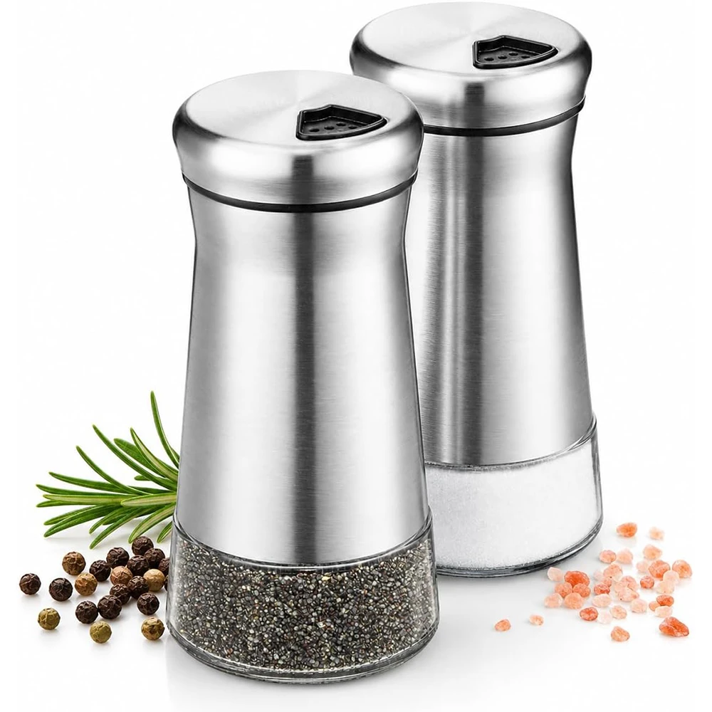 LMETJMA Glass Salt Shaker Stainless Steel Spice Dispenser with Adjustable Pour Holes Kitchen Salt and Pepper Shakers For Kosher
