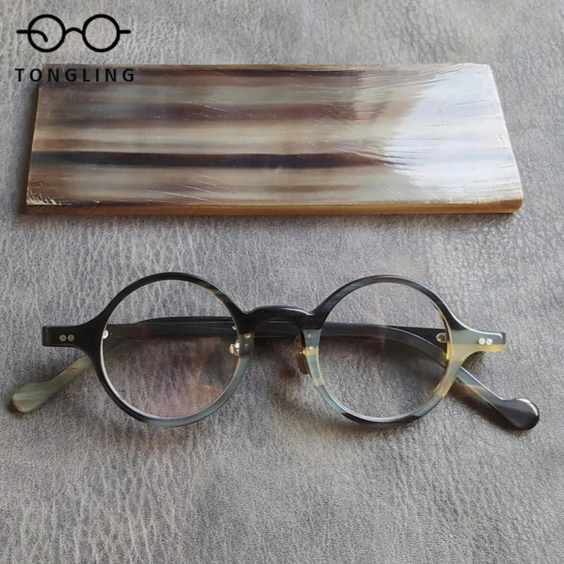 Pure Natural Buffalo Horn Eyeglass Frame Men Handmade Retro Round Optical Eyeglasses Women Reading Prescription Glasses