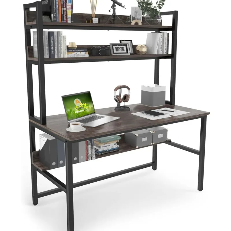 

Desk with Hutch Bookshelves, Computer Desk with 3 Tiers Storage Shelves, Space Saving Design Black Metal Legs Desk with Grey