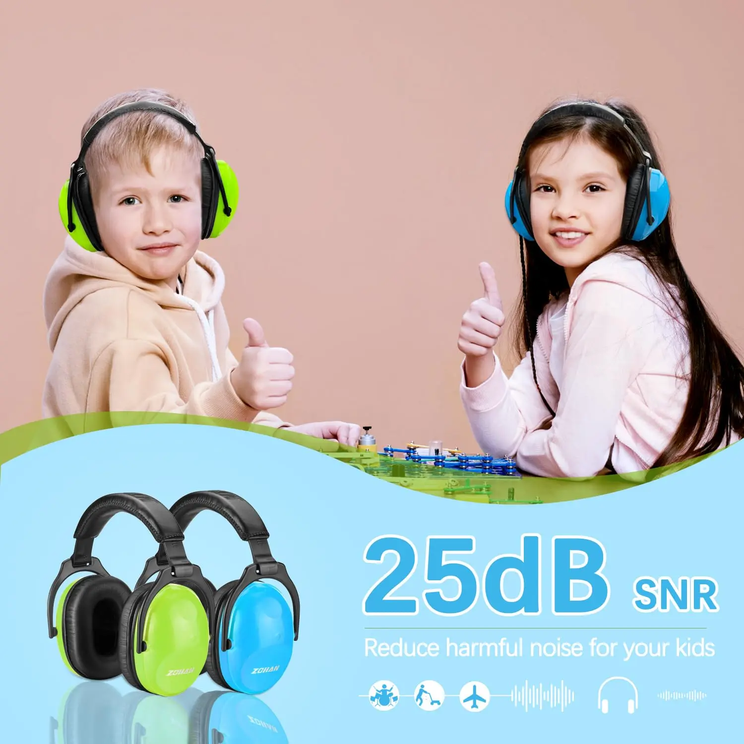 ZOHAN Kids Hearing Safety Ear Protectors Baby Soundproof Ear Muffs NRR 22dB Noise Canceling Ear Cover for autism Children 2 Pack