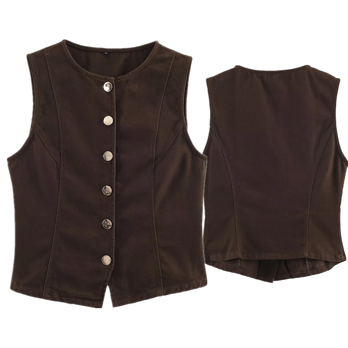 Maxdutti French Fashion Blogger Vintage Single Breasted Vest Top High Street Elegant Brown Minimalist Denim Vest Woman Clothing