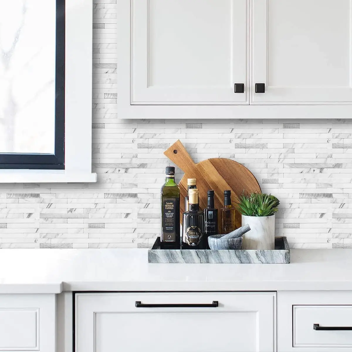 20 Sheets Faux Stone Peel and Stick Backsplash, White Marble Look PVC Wall Tiles Stick on Backsplash for Kitchen