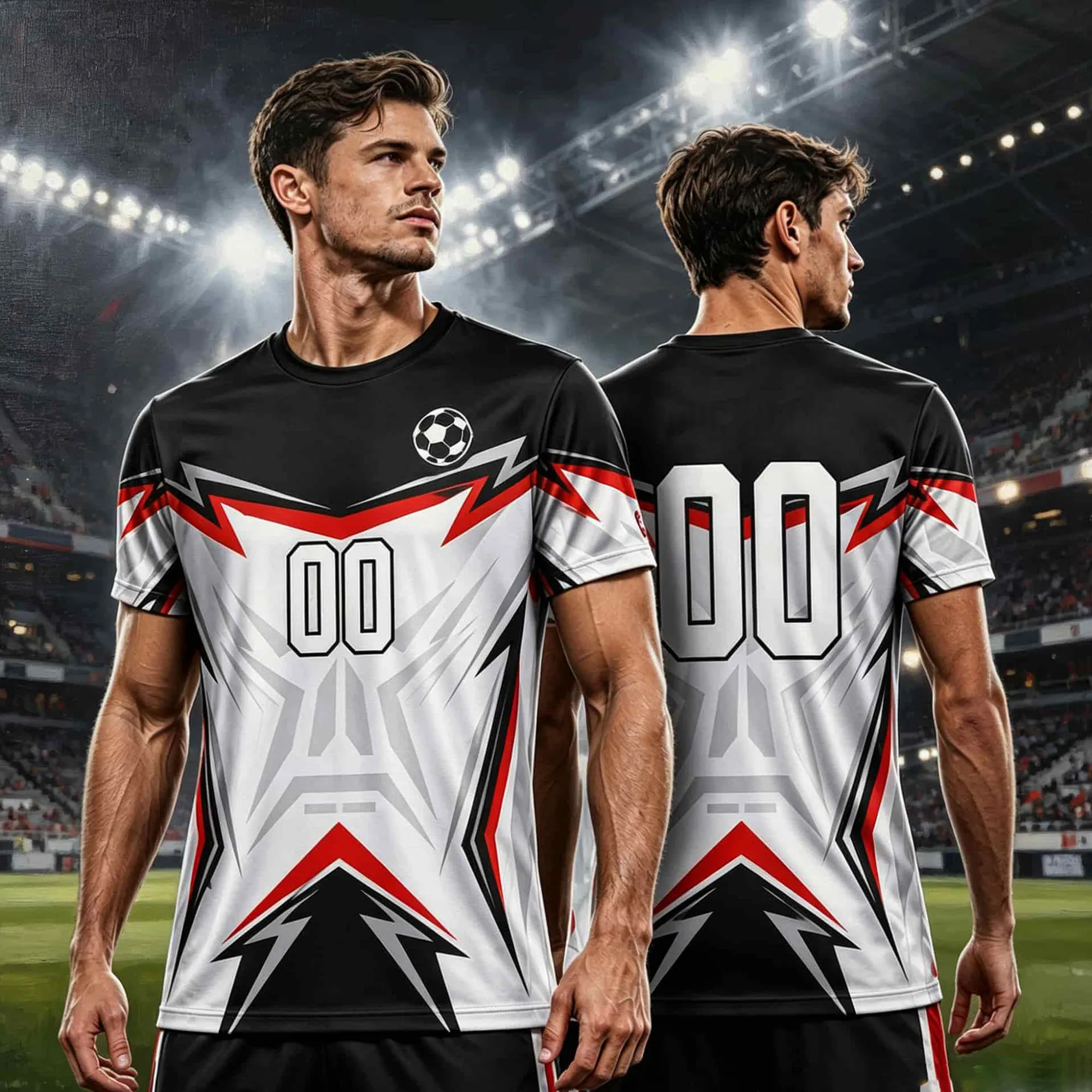 Camiseta de Fútbol para Hombre, Manga Corta, Negra, Blanca y Roja, con Estampado Geométrico de Rayos, Transpirable y de Secado Rápido para Partidos de Equipo