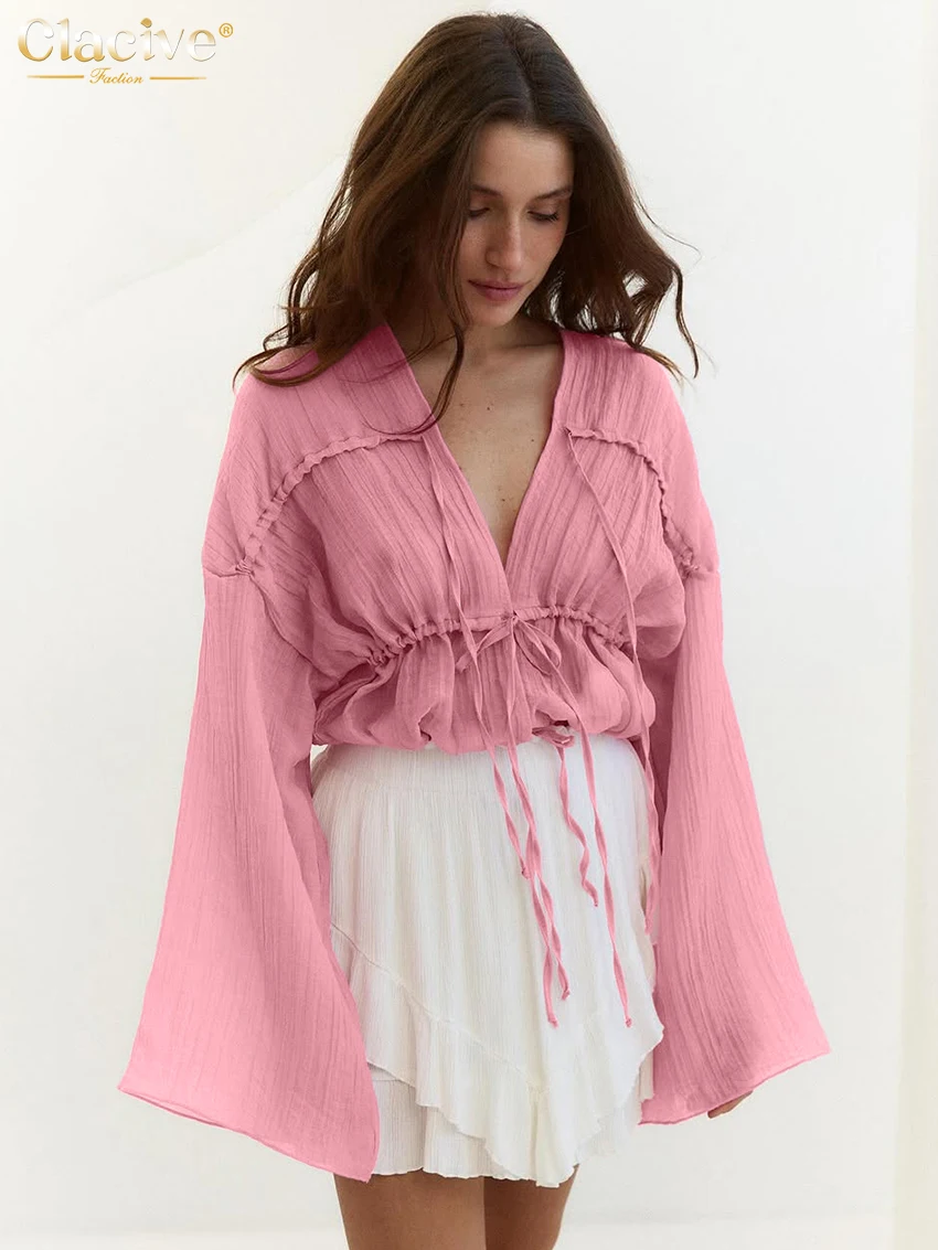

Clacive Fashion Loose Pink Women's Shirt 2025 Sexy V-Neck Long Sleeve Shirts Elegant Classic Lace-Up Solid Tops Female Clothing