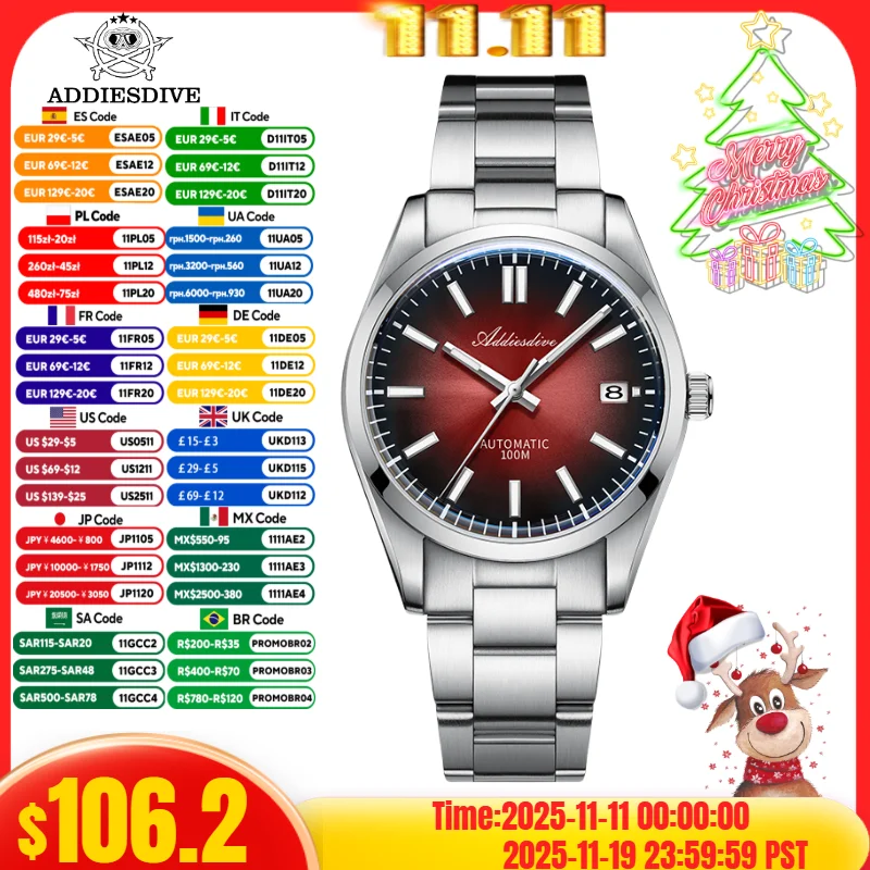 

ADDIESDIVE 39mm Men's Watch 10Bar Waterproof BGW9 Super Luminous Sunburst Dial Sapphire Glass Automatic Mechanical Watch