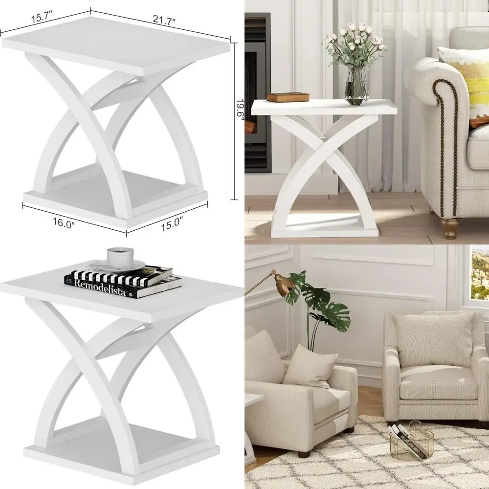 

Contemporary Storage Side Table with X-Frame, White Living Room Accent