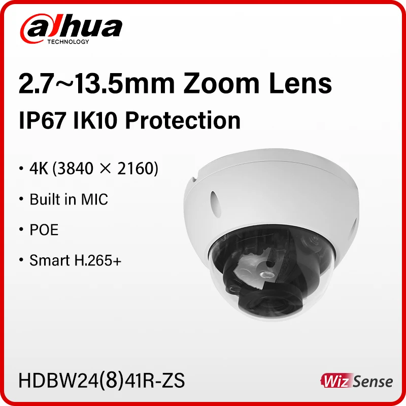 

Dahua 8MP IR Motorized Zoom Camera Outdoor IP67 IK10 Protection Security Camera Smart H.265+ Built in Mic SD Card HDBW2841R-ZS