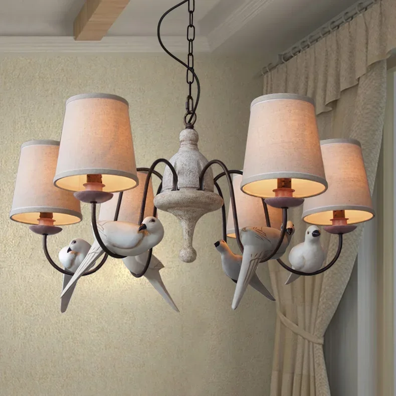 Designer lights, creative American country retro living room dining room lamps cafe three birds six chandeliers view 4
