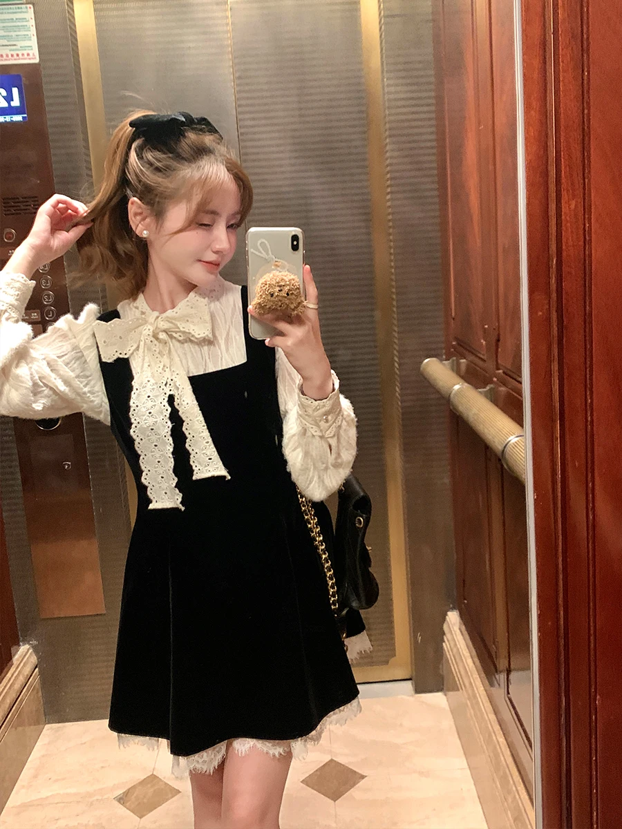 

Ashy Snow Austin Miss Furry Velvet Lace Collar Shirt And Skirt Two-Piece Set Women's Fashion Spring Collection Long Sleeve