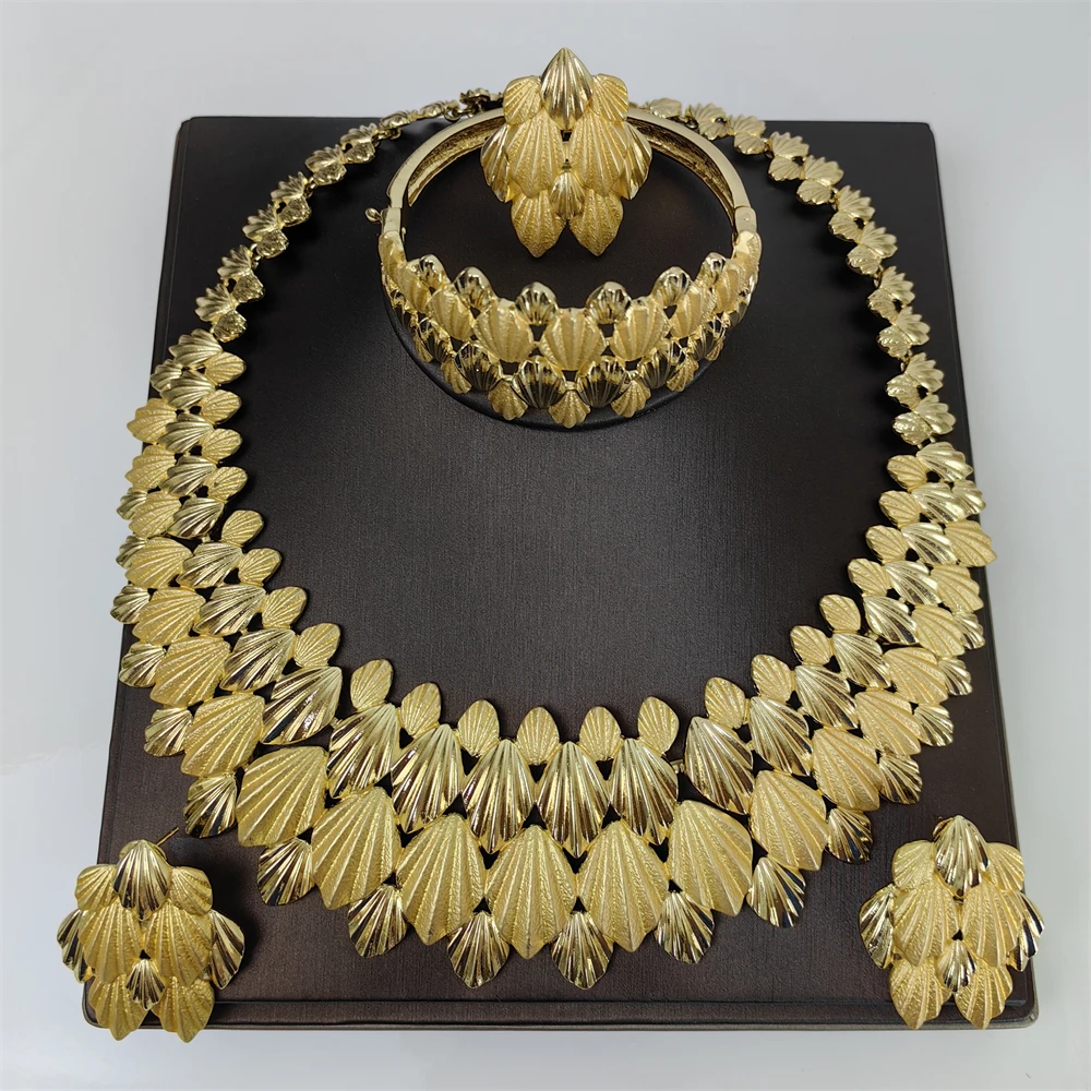 Textured Luxury Collar Necklace Drop Earrings Bracelet Ring Big Size Choker Gold Plated Jewelry Set Bridal Wedding Party Gifts