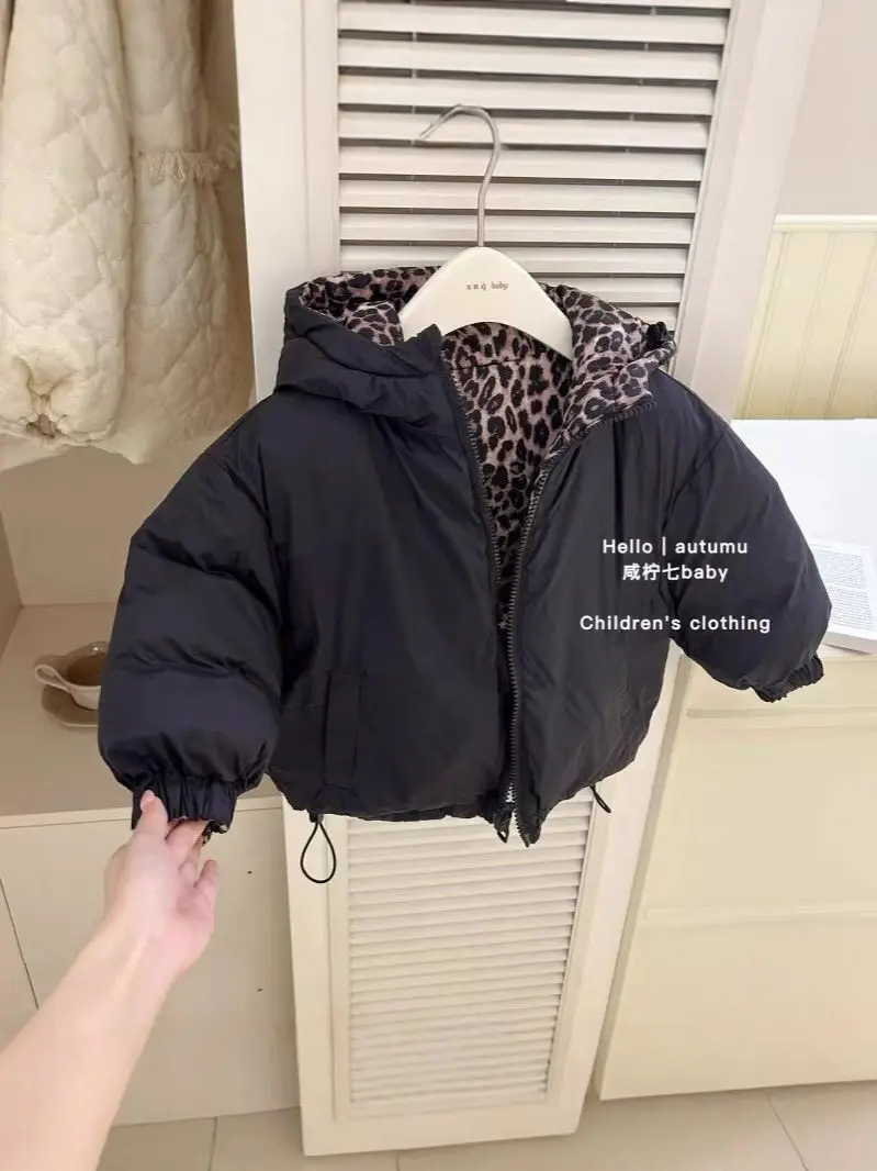 Girls Winter Coat Teenager Leopard Print Cotton Padded Clothing Big for Kids Boys Hooded Reversible Jacket Warm Thick Outerwear