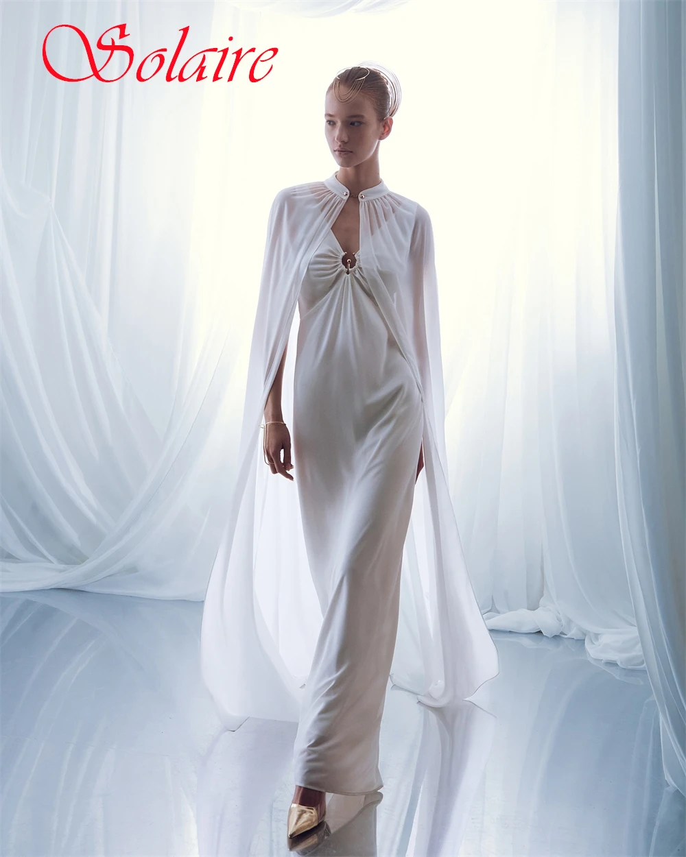 Robes de bal en mousseline de soie élégantes personnalisées, Simple, col haut, châle, robe de soirée classique, traîne de balayage, robes d'occasion sur mesure