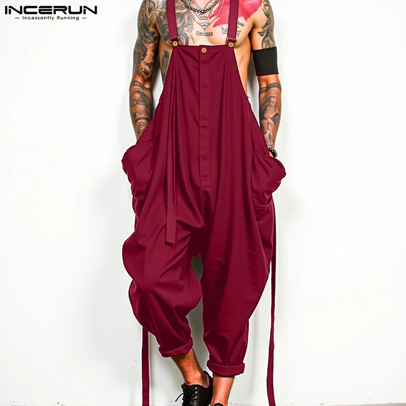 2025 Men Jumpsuits Solid Color Oversize Sleeveless Streetwear Wide Leg Rompers Men Loose Pockets Fashion Straps Overalls INCERUN