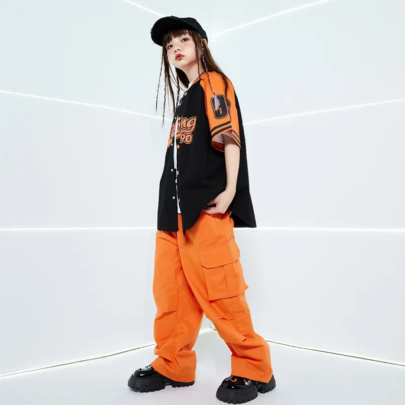 Costume de danse moderne Jazz pour garçons, chemises amples Orange, pantalon Cargo, ensemble de vêtements de spectacle de danse de rue Hip Hop pour filles, nouvelle collection