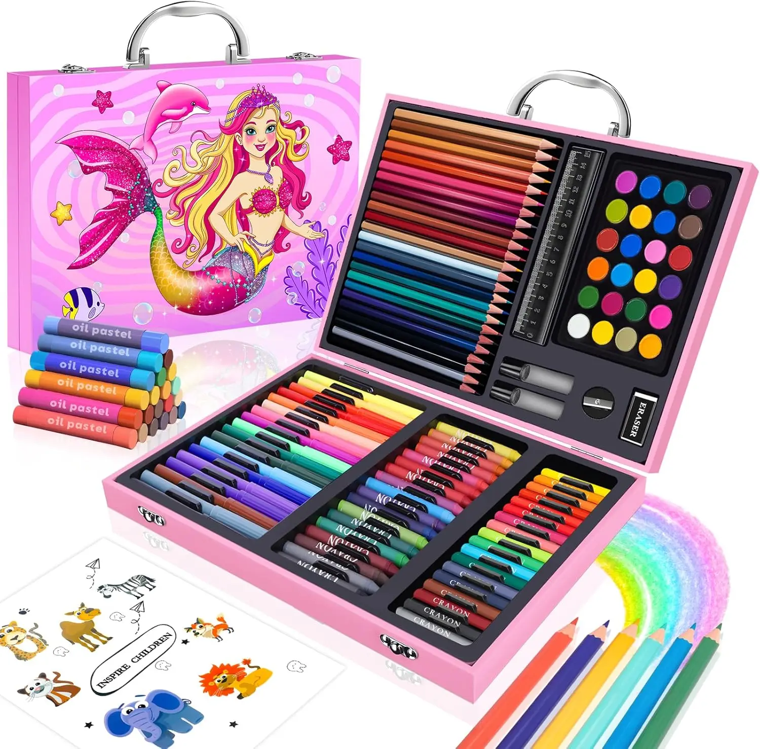 Ensemble de livres de coloriage pour enfants, 110 pièces, étui d'art sirène, ensemble de dessin avec crayons de couleur, marqueurs, cadeaux de noël pour filles, fournitures artistiques